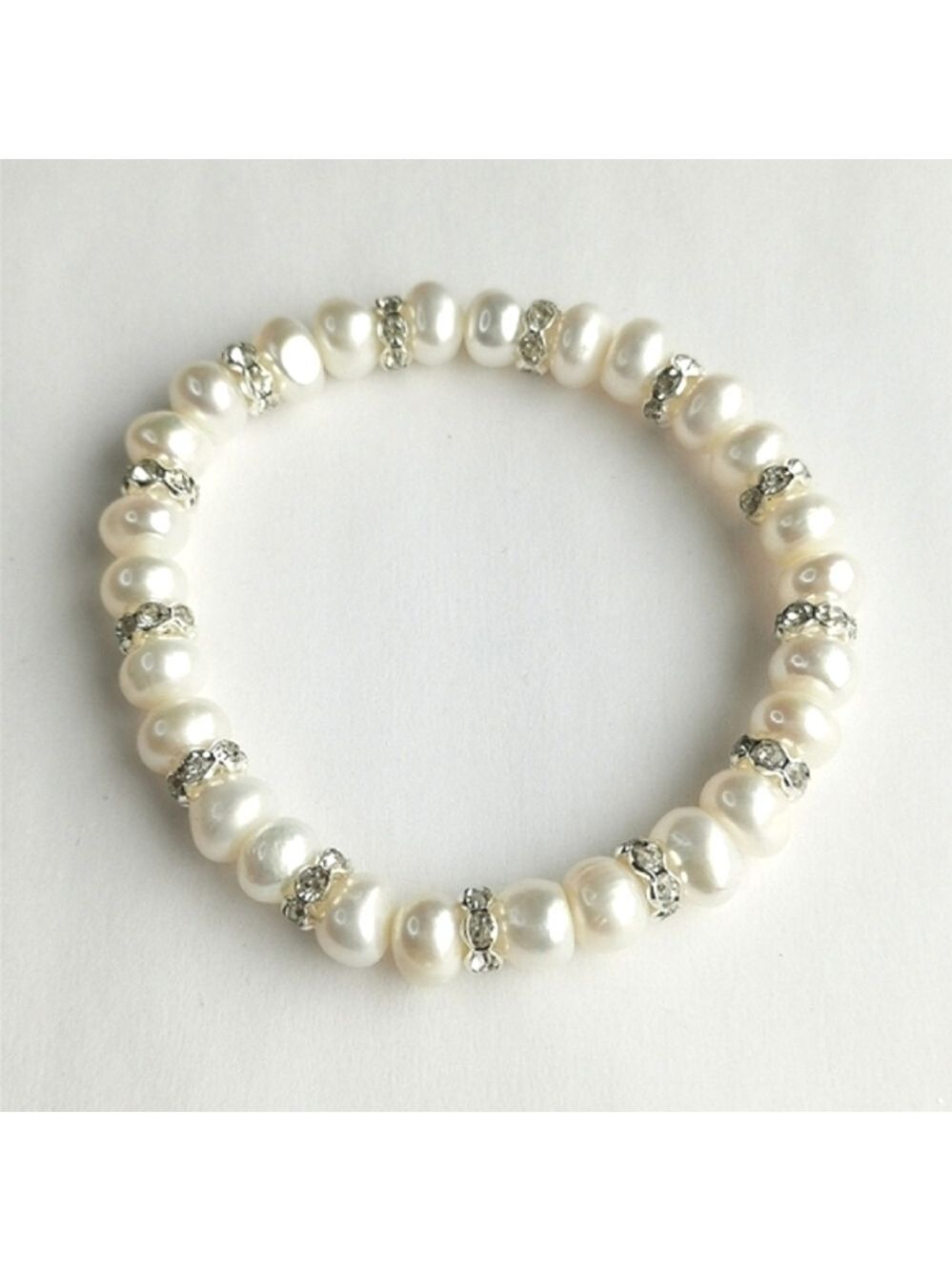 White Freshwater Pearl Sterling Silver CZ Rondelle Bracelet Stretch